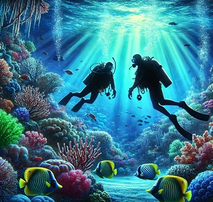 2 deep sea divers exploring the underworld as an analogy to harmonic exploration on guitar