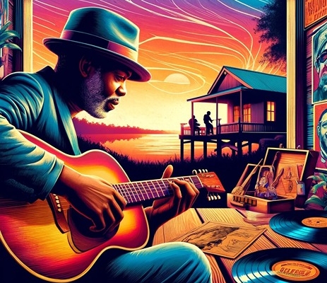 acoustic blues guitarist playing at sundown outdoors