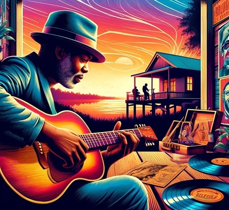 acoustic blues guitarist playing at sundown outdoors