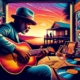 acoustic blues guitarist playing at sundown outdoors