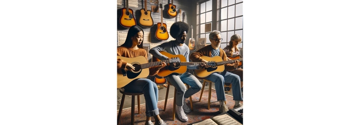group of students strumming guitars