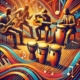 A dynamic and engaging illustration that visually connects the rhythms of 4_4 swing and African 6-8 time signatures.