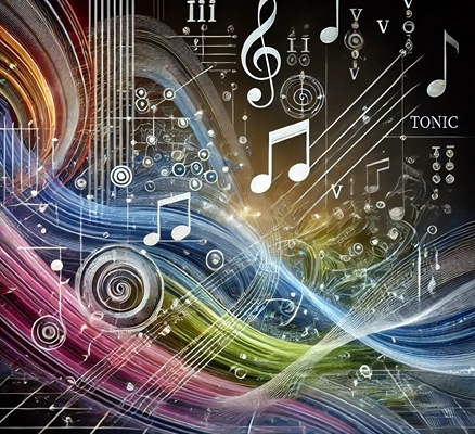 An educational and visually engaging abstract art piece illustrating the concept of music theory, focusing on the role of the iii chord in functional harmony.