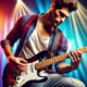 A charismatic and attractive male college student passionately playing an electric guitar in a vibrant and energetic setting.