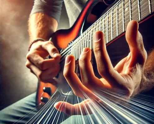 A skilled guitarist performing sweep picking on an electric guitar, focusing on the precision of their picking hand and fretting hand.