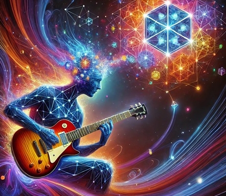 A surreal digital artwork depicting a guitarist learning through the Geometric Method