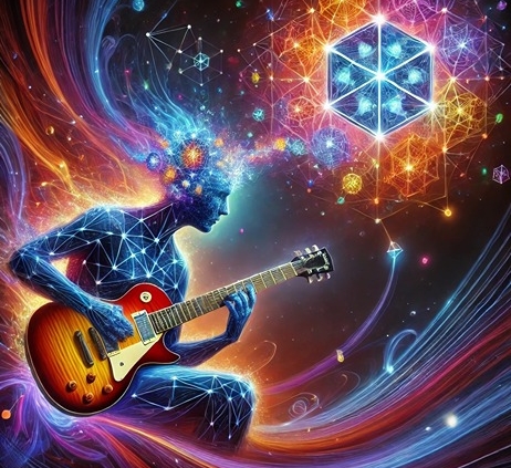 A surreal digital artwork depicting a guitarist learning through the Geometric Method