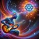 A surreal digital artwork depicting a guitarist learning through the Geometric Method