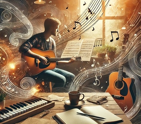 An inspiring and artistic scene of a songwriter at work, sitting with a guitar, surrounded by musical notes, sheet music, and a warm, inviting workspace.