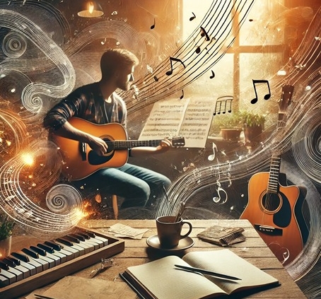An inspiring and artistic scene of a songwriter at work, sitting with a guitar, surrounded by musical notes, sheet music, and a warm, inviting workspace.