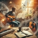 An inspiring and artistic scene of a songwriter at work, sitting with a guitar, surrounded by musical notes, sheet music, and a warm, inviting workspace.