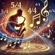 A dynamic and engaging image depicting the rhythmic interplay of 5_4 and 4_4 in jazz music. The visual includes a jazz musician performing.