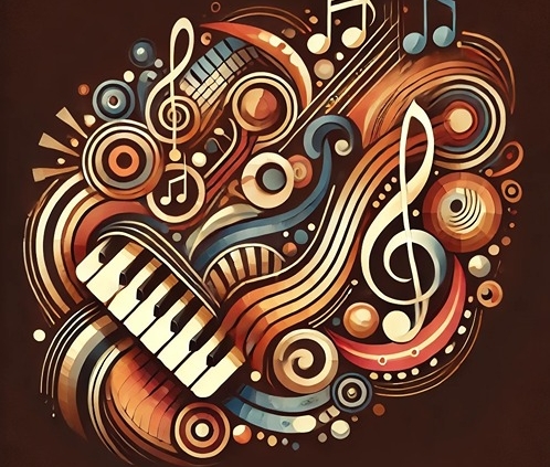 An abstract and vibrant illustration inspired by jazz music, featuring dynamic musical motifs like piano keys, swirling notes, and rhythmic patterns.