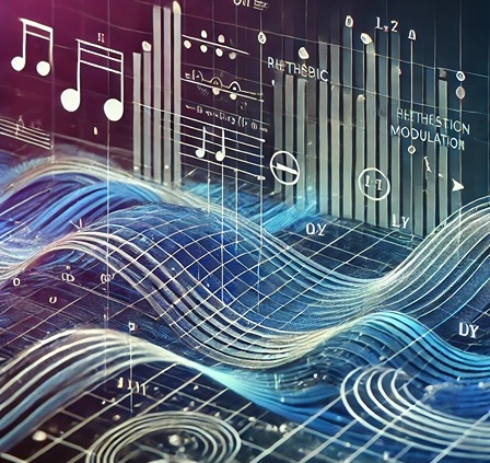 An abstract and visually engaging representation of metric modulation in music, showing rhythmic subdivisions and transitions.