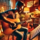 A vibrant, engaging image of a guitarist practicing alternate picking technique on an acoustic guitar in a cozy, well-lit practice space.