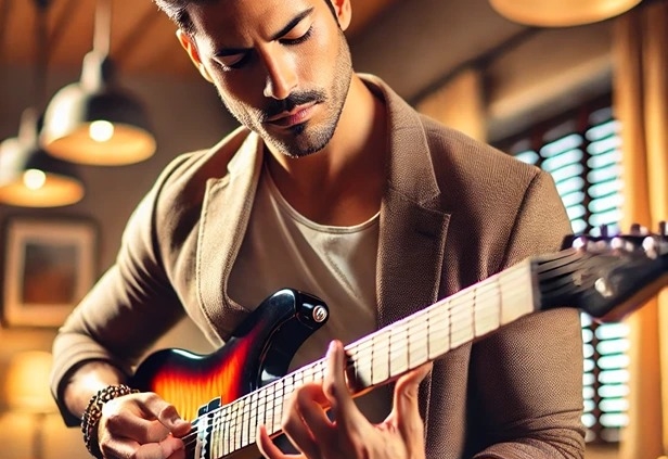 A stylish and confident Latino man playing barre chords on an electric guitar.