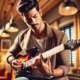 A stylish and confident Latino man playing barre chords on an electric guitar.