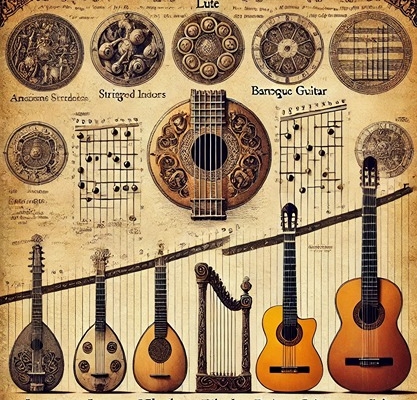 a drawing showing how the guitar evolved from older stringed instruments