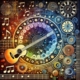 An abstract representation of the number 12's influence in music, featuring elements like a chromatic scale circle, a 12-string guitar, etc.